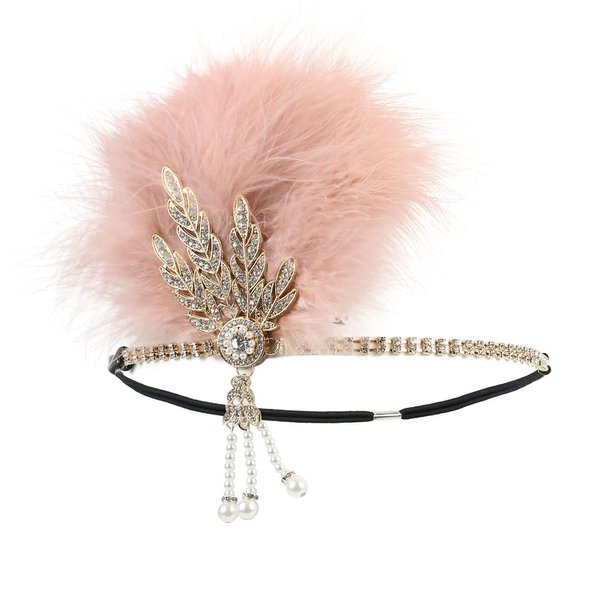 STIOEDYUAN 1920s Flapper Feather Headband Art Decor Gatsby Rhinestone Leaf Medallion imitation Pearl Headpiece Hair Accessories Women (Pink)