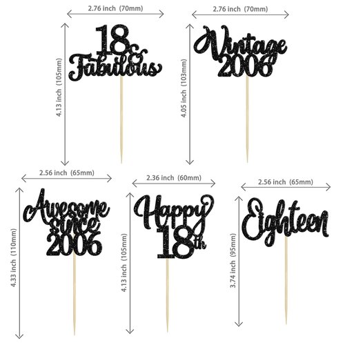 30Pcs Happy 18th Birthday Cupcake Toppers Glitter Eighteen Vintage 2006 Cupcake Picks Cheers to 18 Fabulous Cake Decorations for 18th Birthday Wedding Anniversary Party Supplies Black