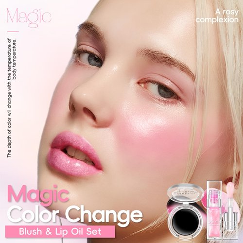 HOSAILY Magic Color Changing Lip Oil Blush Set, Plumping Glimmer Pink Glow Lipstick Moisturizing Transparent Bossup Lip Primer Gloss Tint & Black to Pink Jelly Clear PH Cream Blush for Cheek Makeup