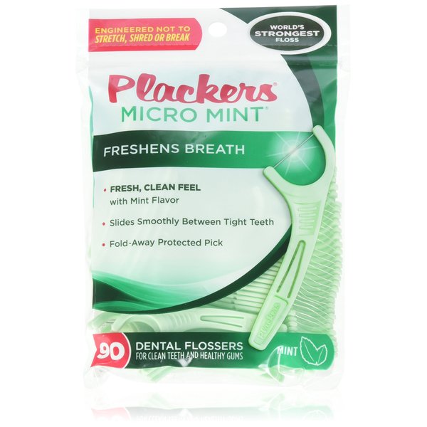 PLACKERS Micro Mint Freshens Breath, Dental Flossers Mint 90 Each (Pack of 4) - Packaging may vary