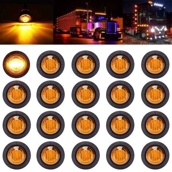 PSEQT 3/4" Round LED Clearance Lights Side Front Rear Marker Lights Bullet Brake Turn Stop Reverse Tail Lights 12V for Pickup Trailer Truck Car Bus RV (20Pcs Amber)