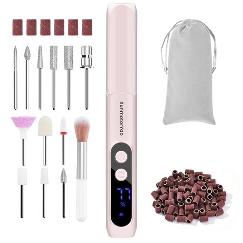 Rechargeable Electric Nail Drill Machine, Cordless Professional Nail File with LED Display for Acrylic Gel Dip Powder Nails, Efile Polishing Tools with Nail Drill Bits for Manicure and Pedicure (Pink)