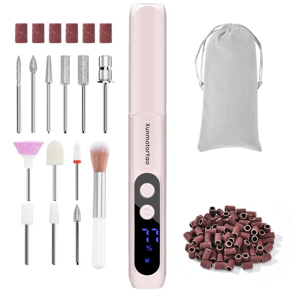 Rechargeable Electric Nail Drill Machine, Cordless Professional Nail File with LED Display for Acrylic Gel Dip Powder Nails, Efile Polishing Tools with Nail Drill Bits for Manicure and Pedicure (Pink)