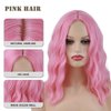 MeaYOO Pink Wig for Women, Short Wavy Pastel Pink Wigs with Lace, Shoulder Length Middle Part Curly Wavy Bob Wig, Natural Looking Synthetic Party Cosplay Wigs for Girl, Colorful Costume Wigs 14 Inch