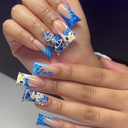 BABALAL Duck Nails Press on Blue French Fake Nails Y2K Cute Cat Design Glue ons Nails Bling Planet Charm Acrylic Nails 24Pcs Summer False Nails