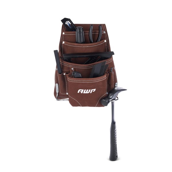 AWP 10-Pocket Suede Tool Pouch | Durable General Construction Leather Tool Pouch | Brown