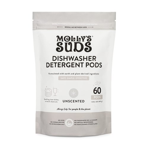 Molly's Suds Dishwasher Pods | Natural Dishwasher Detergent, Cuts Grease & Rinses Clean (Residue-Free) for Sparkling Dishes | 60 Auto-Release Tabs (Unscented)