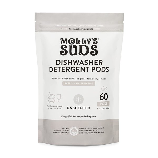 Molly's Suds Dishwasher Pods | Natural Dishwasher Detergent, Cuts Grease & Rinses Clean (Residue-Free) for Sparkling Dishes | 60 Auto-Release Tabs (Unscented)