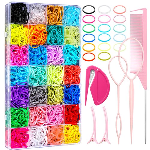 28 Colored Rubber Bands for Hair, 1500 Pcs Small Girls Hair Ties Elastic Hair Ties Hair Rubber Bands with 6 Hair Styling Tools Colorful Hair Accessories for Girls Baby Toddlers Kids