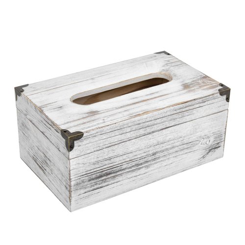 Distressed Wooden Rustic Facial Tissue Box Holder Tissue Box Cover Napkin Dispenser for Bathroom Living Room Dining Room Bedroom Toilet (Washed White)