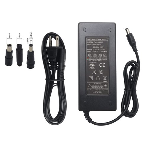 36V Lithium Battery Charger Output 42V 2A for 36V 10S Lithium Batteries Pack DC 5.5 * 2.1 Plug with 5.5 * 2.5mm /8mm RCA /8mm Female 3-Pin Inline Tips