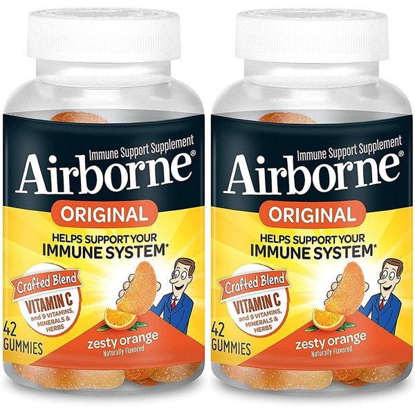 Airborne Zesty Orange Flavored Gummies, 42 Count - 750mg of Vitamin C and Minerals & Herbs Immune Support (Pack of 2)