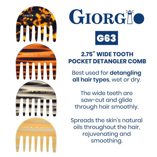 GIORGIO Wide Tooth Comb Detangling Comb, Pocket Comb and Travel Comb for Women and Men, Handmade, Saw-Cut, and Polished - Cellulose Acetate, Unisex, All Hair Types, 2 Pack