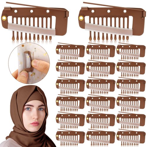 Crowye 20 Pieces Chunni Clips with Safety Pins 10 Teeth Wig Clips Strong Dupatta Grip Clip Flat Dupatta Setting Clips Hair Extension Clips for Woman Hijab Veil Hair Extensions Hairpieces(Brown)
