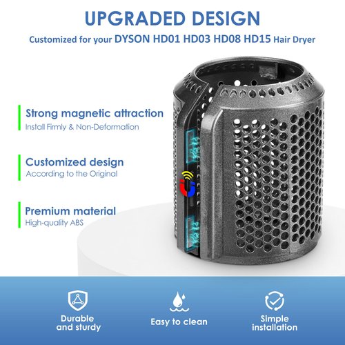 Magnetic Hair Dryer Filter Replacement for Dyson Supersonic HD01 HD03 HD08 HD15 Hair Dryer Attachment, Hair Dryer Strainer Mesh Repair Accessories (Metallic Gray)