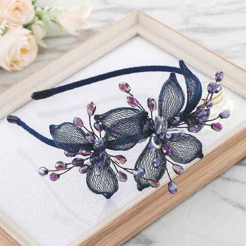 Formery Blue Flowers Crystal Headband Crystals Beads Floral Hairband Prom Party Wedding Handmade Copper Wire Beaded Flower Headpiece for Women and Girls