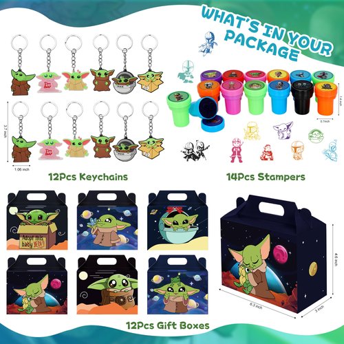 Qbjetkap Kids Birthday Party Supplies Kids Birthday Party Favors for Birthday Party Decorations Include 12Pcs Gift Boxes, 14Pcs Stampers, 12Pcs Keychains, 12Pcs Button Pins, 50Pcs Stickers