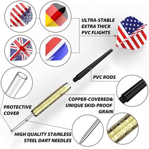 Ohuhu Steel Tip Darts, Professional Metal Darts with National Flag Flights (4 Styles) - Dart Metal Tip Set, 12 Pcs Metal Dart, Darts for Dartboard with 3 Free PVC Dart Rods (12)