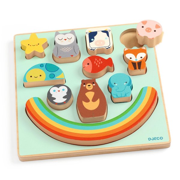 DJECO Puzz & Boom Rainbow Puzzle - Adorable Animal Wooden Puzzle for Toddlers & Preschoolers - Fun & Learning Activity for Family & Friends - Engaging Wooden Toy for Children 18+ Months