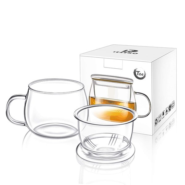 Lezero 13 ounce Tea Cups Kits Loose Tea-leaf Brewing System, Thickened Glass Cups with Tea Infuser Basket and Lid, Simple Filtration Teacups Great for Family Daily