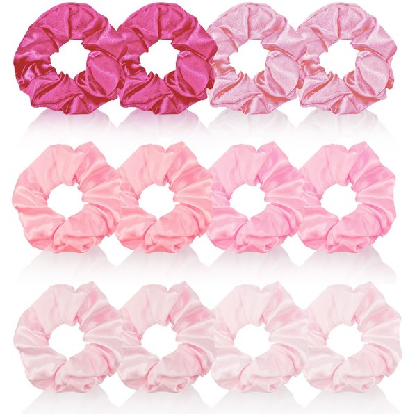 Aprince Pink Scrunchies for Girls Women 12 Pieces Satin Scrunchies Hair Ties Ponytail Holder Hair Scrunchies for Women's Hair Cute Hair Accessories for Party Valentine's Day