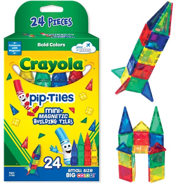 CreateOn Crayola Mini Magnetic PIP-Tiles, Building Set for Kids, Magnetic Building Toys for Kids, STEM Travel Toys for Boys and Girls Ages 3+, 24-Piece Set (Bold)
