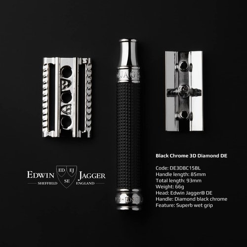 Edwin Jagger Double Edge Safety Razor With Long Handle (Blue) (Black Chrome Laser 3D Diamond)