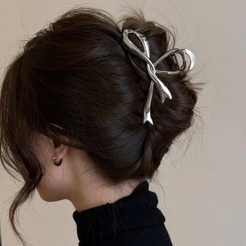Metal Silver Hair Claw Clips Hair Bows for Women 1Pcs Ribbon Bow Hair Claw Clips for Thick Hair Bow Knot Hair Clips Bow Silver Hair Clips Bow Hair Clips Bow Clips Cute Hair Bows Bows Hair Accessories