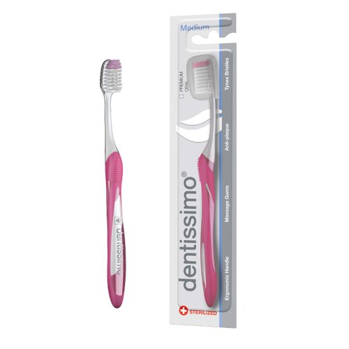 DENTISSIMO SWISS BIODENT Premium Oral Care Medium Bristle Toothbrush with Ergonomic Handle, Colors May Vary, Pack of 1