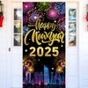 2025 Happy New Year Door Banner Cover Decorations, New Year Eve Door Cover Fireworks New Year City View 2025 NYE Party Decorations