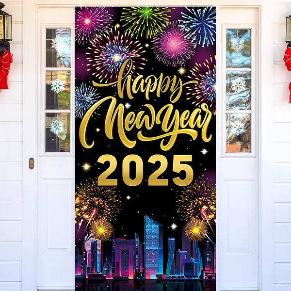 2025 Happy New Year Door Banner Cover Decorations, New Year Eve Door Cover Fireworks New Year City View 2025 NYE Party Decorations