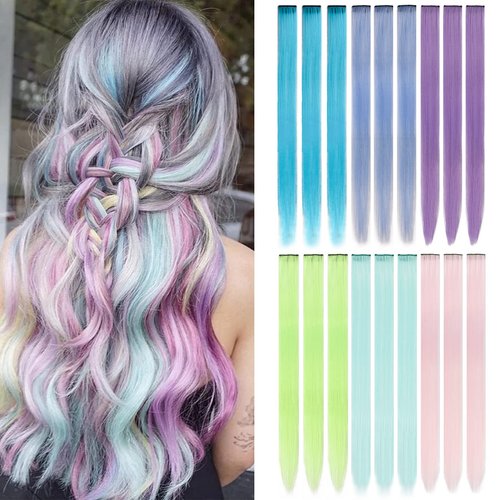 FENTISAR 18 Pack Colored Party Highlights Clip in Hair Extensions for Girls 22 inches Multi-colors Straight Hair Synthetic Hairpieces In The Party(6colored)