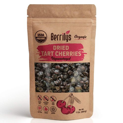 Berrilys Organic Dried Tart Cherries, 1 lb, Pitted, Non-GMO, Kosher, Unsulfured, No Added Sugar
