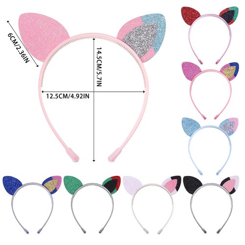 Fishdown Cat Ears for Kids Girls, 8 Pack Glitter Cat Ears Headband Rainbow Cat Ears for Daily Wearing and Party Decorations