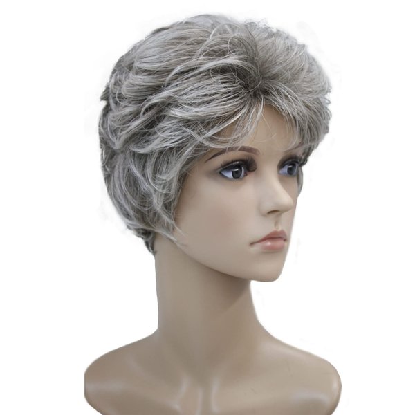 Aimole Short Curly Wigs Women Wave Wig Synthetic Capless Hair(48T Light Gray with Dark Root)
