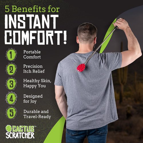 Cactus Scratcher Back Scratcher for Men, Women & Kids, Double Side Itch Reliever for Back, Head and Body, Compact Back Scratcher Extendable to 24.5 Inches - Red