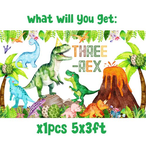 Three Rex Birthday Decorations Boy Watercolor Dinosaur 3rd Birthday Party Banner Backdrop 3 Rex Dinosaur Party Supplies Decorations for Boys Dino Party Decor