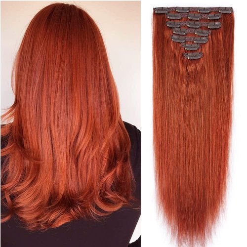 18" Clip in Human Hair Extensions Full Head 150g 7 Pieces 16 Clips #350 Copper Red Double Weft Brazilian Real Remy Hair Extensions Thick Straight Silky (18" 150g, 350)