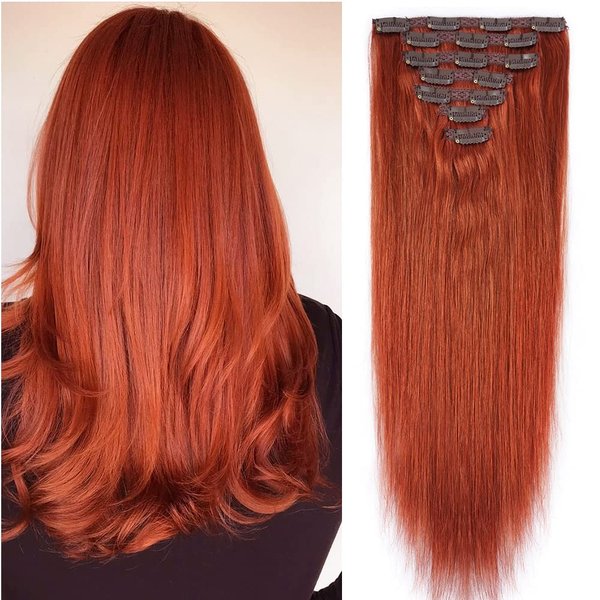 18" Clip in Human Hair Extensions Full Head 150g 7 Pieces 16 Clips #350 Copper Red Double Weft Brazilian Real Remy Hair Extensions Thick Straight Silky (18" 150g, 350)