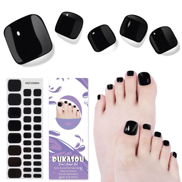 DUKASOU Semi Cured Gel Toe Nail Strips,32 Pcs Toe Nail Stickers Full Nail Wraps(Black),Long Lasting Gel Nail Strips with UV Light,UV Nail Strips Nail Art Stickers Easy to Apply