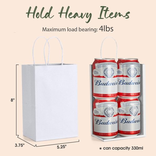 GSSUSA Kraft Paper Gift Bags 5.25x3.75x8 Paper Bags with Handles, White (20 Pcs), Bulk Kraft Gift Bag for Shopping, Craft, Grocery, Party, Retail, Lunch, Business, Wedding, Merchandise, Boutique