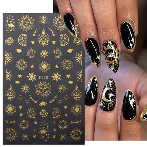 8Sheets Gold Star Nail Sticker Decals- Metallic Nail Supplies 3D Self-Adhesive Sun Stars Moon Starlight Planets Snake Nail Design Nail Art Stickers for Women Acrylic Nails Decoration Accessories Craft