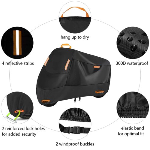 300D Heavy Duty Motorcycle Cover, Seceles All Season Durable Waterproof Outdoor Protection Scooter Cover 4 Reflective Tape Storage Bag Fits up to 81" Yamaha Honda Harley Suzuki (XL: 86" * 37" * 50")