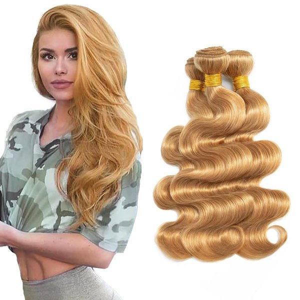 LadrXadr Honey Blonde Bundles Human Hair #27 Body Wave Bundles Blonde Human Hair 3 Bundles 18 20 22 inch Remy Blonde Body Wave Bundles Human Hair Extensions