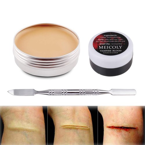 MEICOLY Scar Wax Kit(1.67Oz),Fake Blood Special Effects Scab Coagulated Blood Gel(1.06Oz),Fake Wound Molding Modeling Scar Wax with Spatula,SFX Halloween Stage Makeup Skin Wax,02