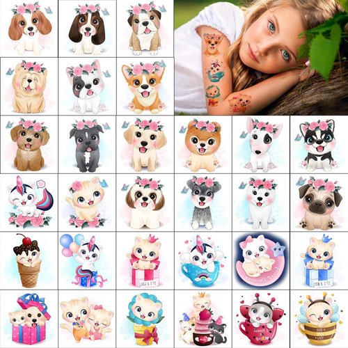 Glaryyears Watercolor Animals Temporary Tattoo for Kids, 30-Pack Fake Tattoos, Cute Dog Cat for Girls Boys Children, Fun Cartoon Stickers for Body Face Hand Arm Birthday Party Favors