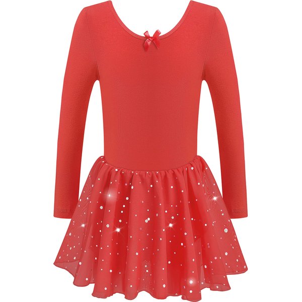 DANSHOW Girls Ballet Leotard Kids Long Sleeve Dance Leotard Dress with Glitter Tutu Skirt(4042-XXL-04)