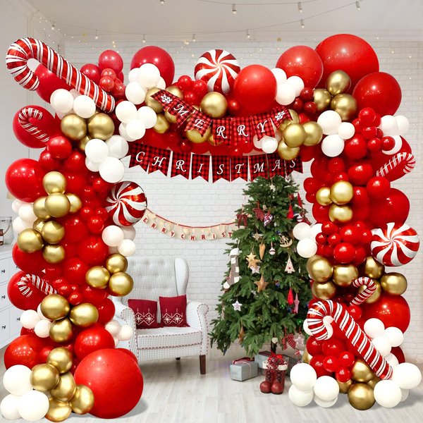 DBKL Christmas Balloons Garland Arch Kit 153Pcs with Xmas Red Gold White Balloon Candy Cane Foil Balloon for Christmas Party Decorations Birthday Christmas Party Supplies