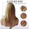 Auflaund Long Straight Blonde Wigs Imported Synthetic Ombre Dark Root Layered High Dentistry Glazed Hair Replacement Wigs for Women with Inclined Bangs 22 Inches (T/Blonde)