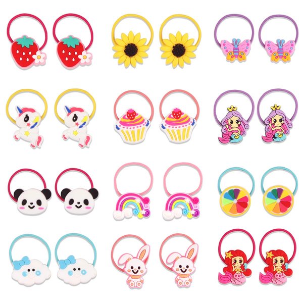 YASUNMI 24pcs (12 pairs) Girls Elastic Hair Ties, Baby Girls Cute Cartoon Hair Ties, Elastic Soft Rubber Bands Hair Bands Ponytail Holders Hair Accessories for Girls, Toddlers, Kids, Teens, Children